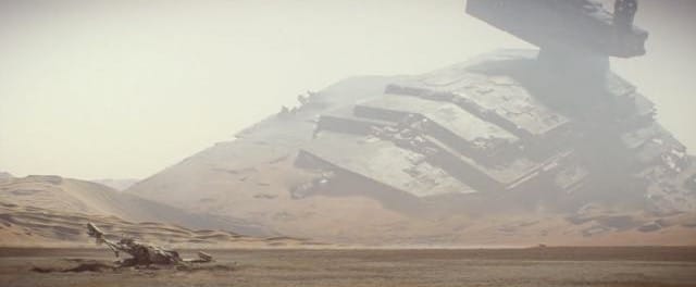 The downed star destroyer and X Wing on Jakku
